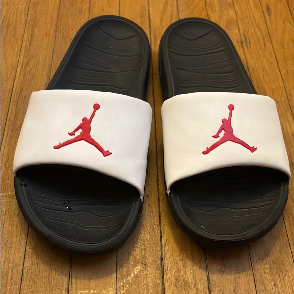 Jordan Slide Sandals in Black and White with Red Logo